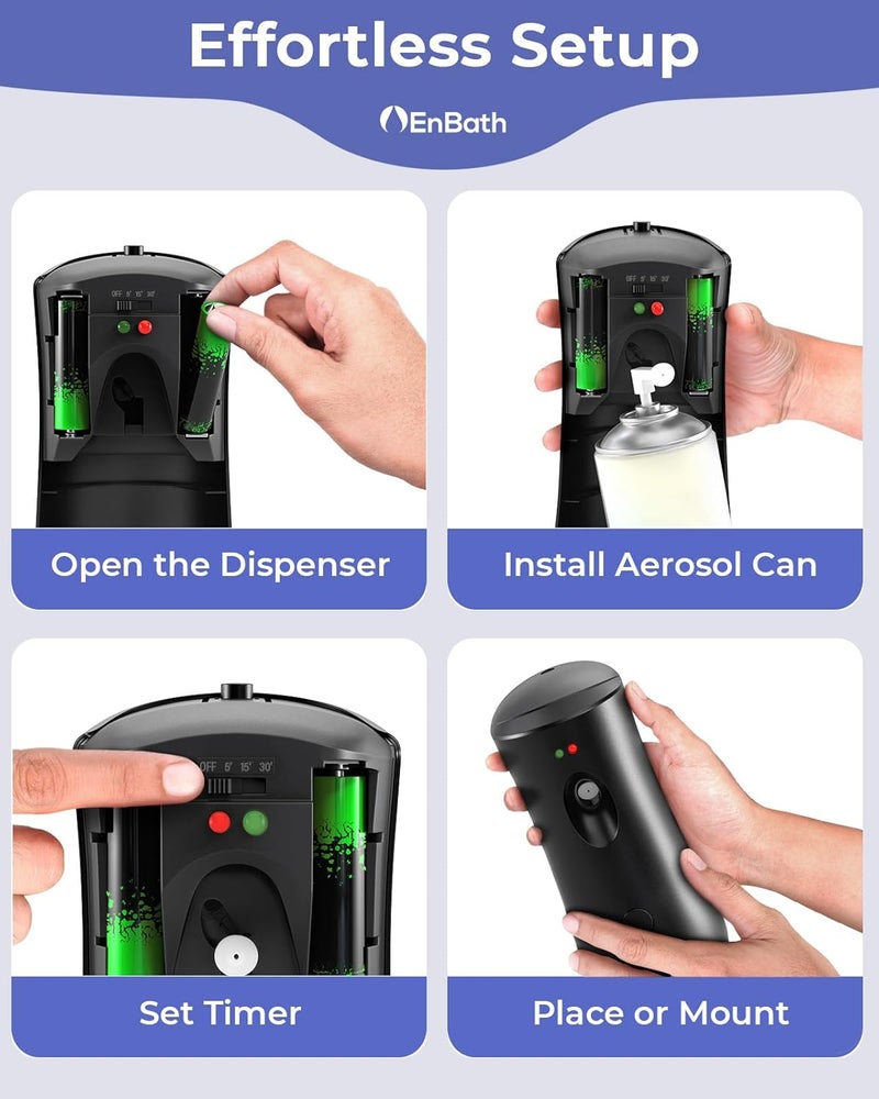 EnBath Automatic Air Freshener Spray Dispenser (2-Pack) Black Wall Mounted or Free Standing Battery Operated Sprayer for Home or Commercial Use, 3 Auto Scent Release Time Settings for Room/Bathroom Freshness - Image 4